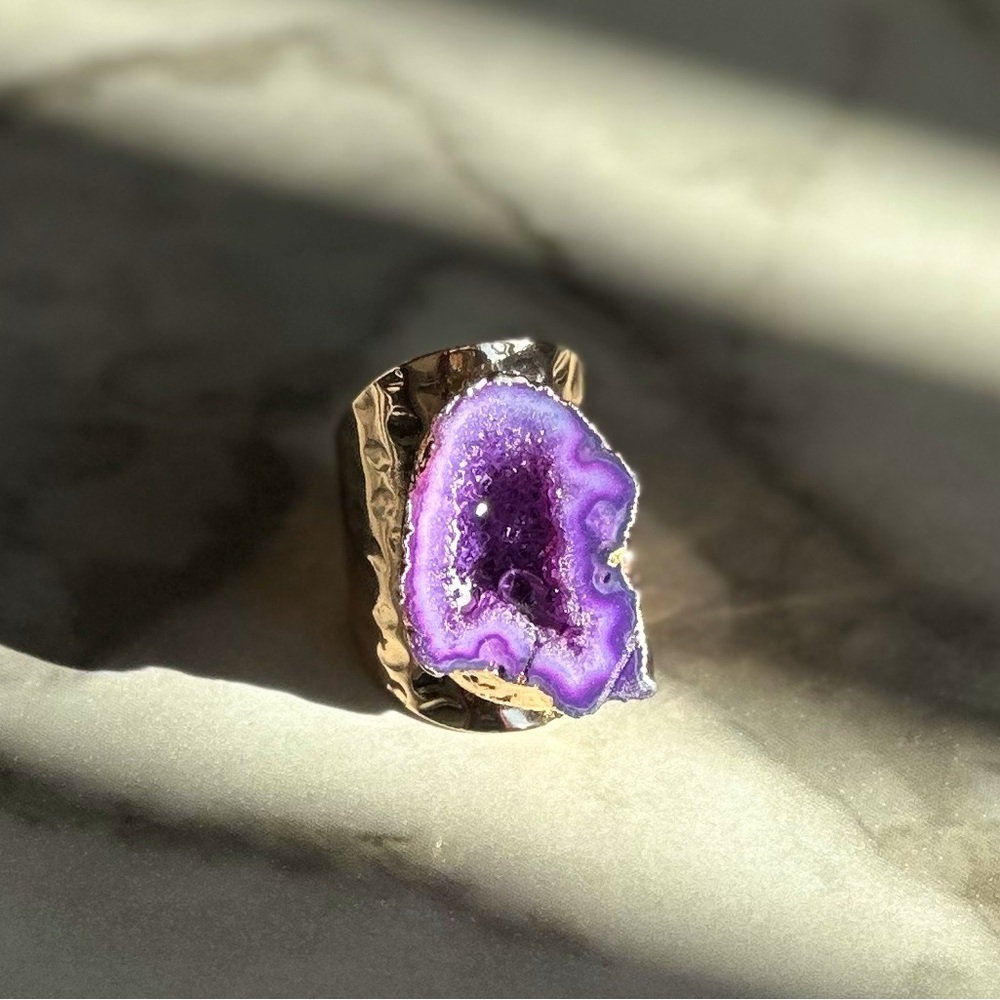 NEW Luxury Natural Stone Adjustable Crystal Irregular Geode Gold-plated Ring